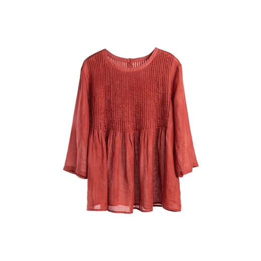 绽放旅行女装472朵/醇酒高支苎麻塔克细褶大摆七分袖圆领小衫 商品图4