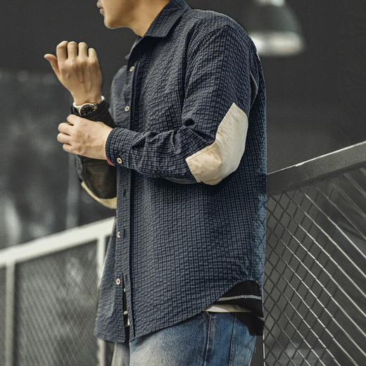 工装优选美式复古泡泡纱格子长袖衬衫肌理感翻领拼接衬衣外套男秋 商品图0