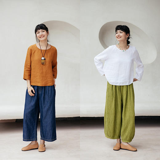 绽放旅行女装512朵/亚麻简约显瘦圆领套头衫九分袖纯色宽松小衫 商品图3