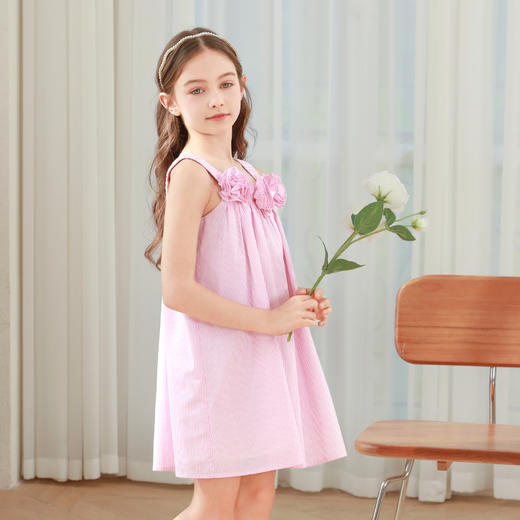 mettekids女童连衣裙2024夏季新款粉色花朵儿童纯棉吊带公主裙子 商品图3