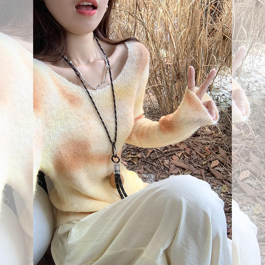 <曾小咸推荐>【里斯本落日】黄咖撞色长袖毛织上衣 商品图3