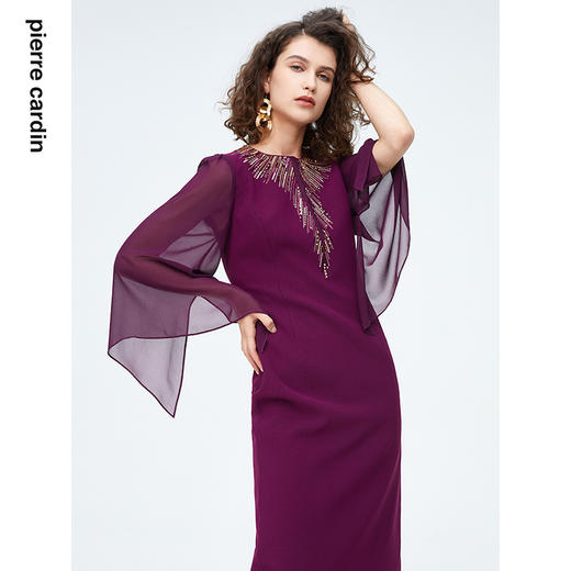 皮尔卡丹女装时尚重工飘纱通勤喇叭袖礼服连衣裙P4222E4078Z0 商品图3