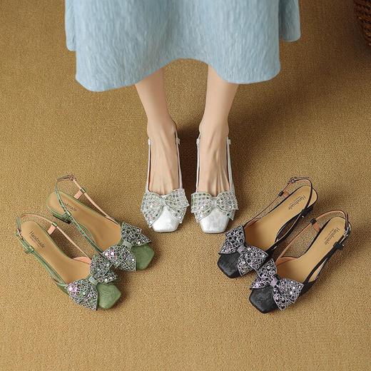 【预售5天】包头后空方头，水钻蝴蝶结粗跟凉鞋LD&6793 商品图2