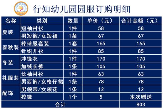 行知幼儿园校服订购明细 商品图0