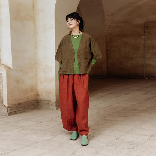 绽放旅行女装529朵/汉麻原木吊坠扣开襟v领小衫宽松落肩中袖开衫 商品图3