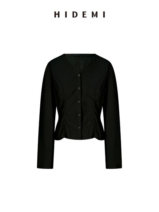 HIDEMI 极简设计感立裁抽皱式v领弧形长袖短款收腰显瘦衬衫 海鸥灰/黑色 商品图10