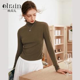 欧芮儿法式简约咖色半高领打底T恤女秋2024新款气质长袖内搭上衣