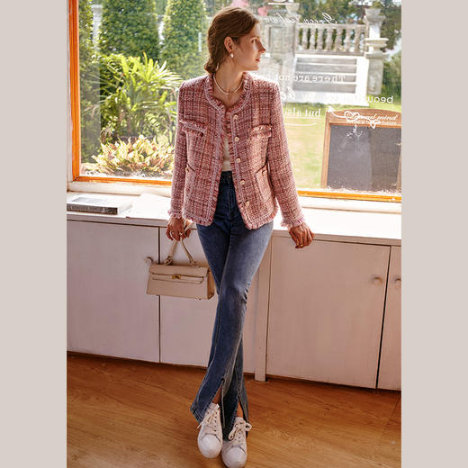 OLrain法式小香风短外套女秋冬2024新款气质名媛粉色小个子上衣 商品图3