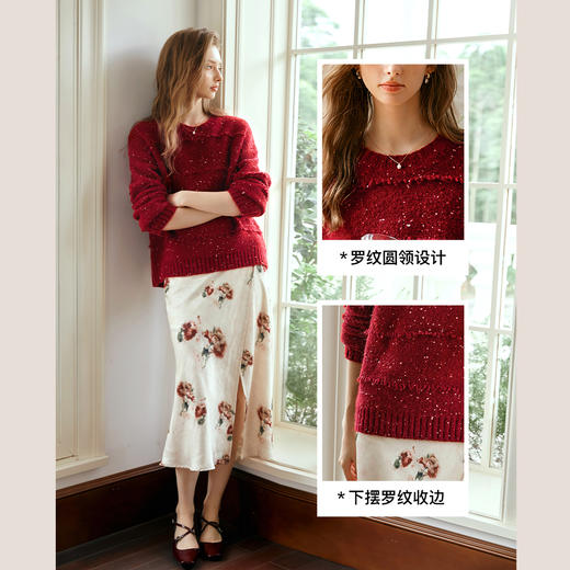 OLrain欧芮儿法式酒红色毛衣女秋季2024年新款复古宽松简约上衣 商品图2