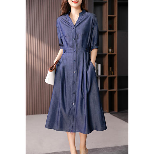 87437-1原形高级感V领连衣裙女2024春夏季新款韩版中长款高腰显瘦衬衫裙 商品图4