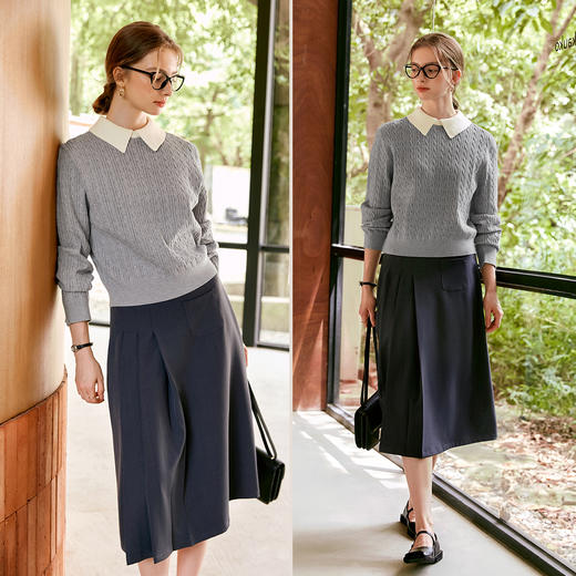 
欧芮儿法式撞色翻领针织衫女假两件秋2024新款麻花套头灰色毛衣 商品图1