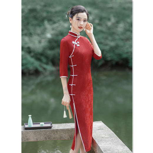 复古国风新娘长款中袖旗袍2024秋新款年轻女士旗袍SYK66518 商品图2