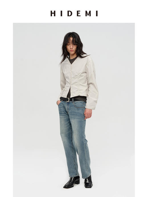 HIDEMI 极简设计感立裁抽皱式v领弧形长袖短款收腰显瘦衬衫 海鸥灰/黑色 商品图7