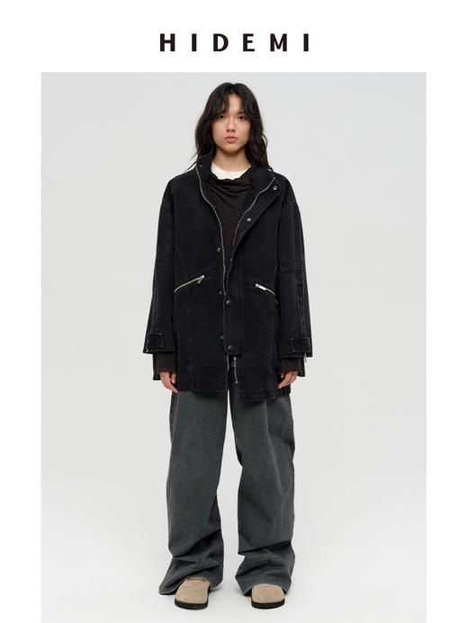 HIDEMI 多重水洗复古牛仔拉链立领式大口袋飞行员中长款大廓形夹克外套 水洗灰/碳黑色 商品图8