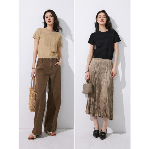 棉仓353635013-曲珠凉感短袖针织衫女宽条肌理 24夏季镂空设计气质圆领小衫 商品图3