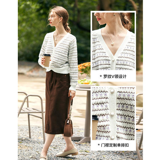 
欧芮儿法式v领条纹提花毛衣开衫女秋2024新款复古百搭针织外套 商品图3