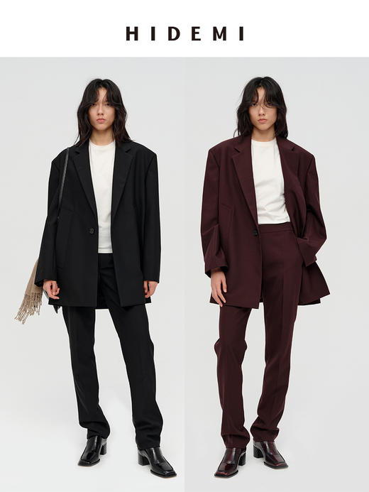 HIDEMI 极简设计感甄选斜纹精纺羊毛挺括感立体剪裁翻领式宽肩宽松西装套装 黑色/勃艮第红 西装/烟管长裤 商品图6