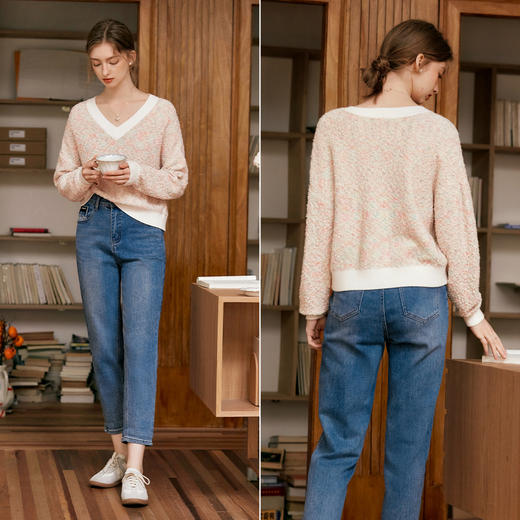 OLrain欧芮儿法式幻彩V领针织衫女秋季2024新款宽松落肩显瘦上衣 商品图1