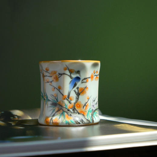 松涛彩绘汝窑天青棱线杯（喜上眉梢）（缺货） 商品图0