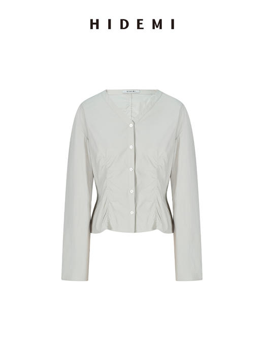 HIDEMI 极简设计感立裁抽皱式v领弧形长袖短款收腰显瘦衬衫 海鸥灰/黑色 商品图11