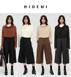 HIDEMI 极简设计感多种穿法荡漾领臻品混纺极细绵羊毛针织长袖弹力加厚款弹力T恤上衣 白色/黑色/赭石红/奶茶米