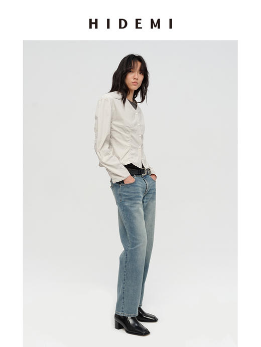HIDEMI 极简设计感立裁抽皱式v领弧形长袖短款收腰显瘦衬衫 海鸥灰/黑色 商品图6