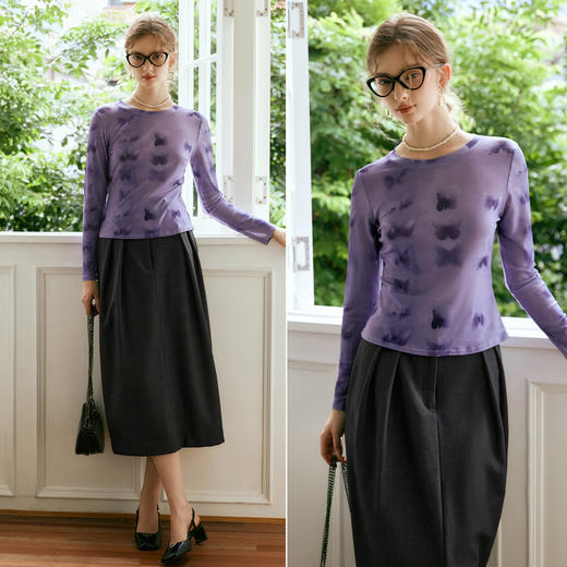 OLrain欧芮儿法式印花T恤女秋季设计感扎染网纱显瘦上衣打底衫 商品图1