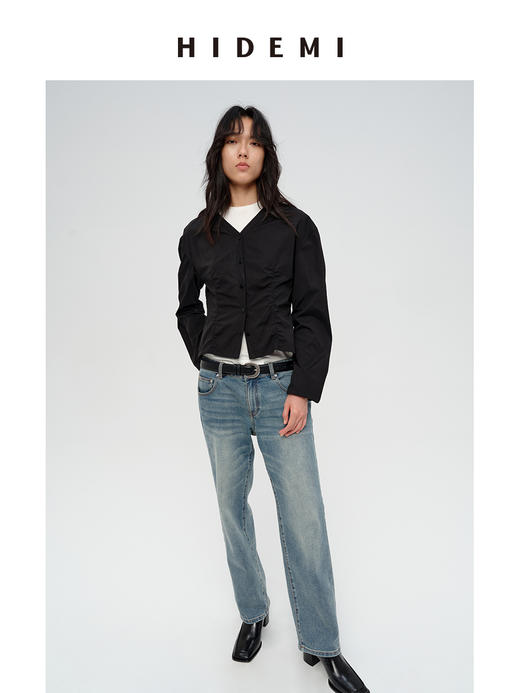 HIDEMI 极简设计感立裁抽皱式v领弧形长袖短款收腰显瘦衬衫 海鸥灰/黑色 商品图2