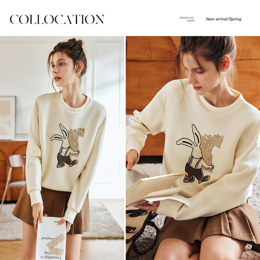 OLrain法式奶油色卫衣女早秋2024年新款宽松简约通勤刺绣套头上衣 商品图2