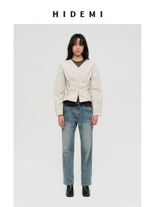 HIDEMI 极简设计感立裁抽皱式v领弧形长袖短款收腰显瘦衬衫 海鸥灰/黑色 商品图5