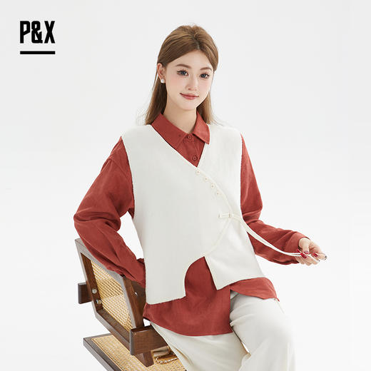 P&X设计师女装秋季休闲衫衣马甲两件套短款上衣 824315288 杏/红 商品图2