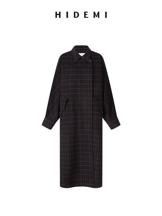 HIDEMI 甄选色织格纹羊毛翻领斗篷式大廓形蝙蝠袖长款大衣 商品图5