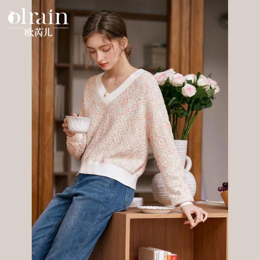 OLrain欧芮儿法式幻彩V领针织衫女秋季2024新款宽松落肩显瘦上衣 商品图0