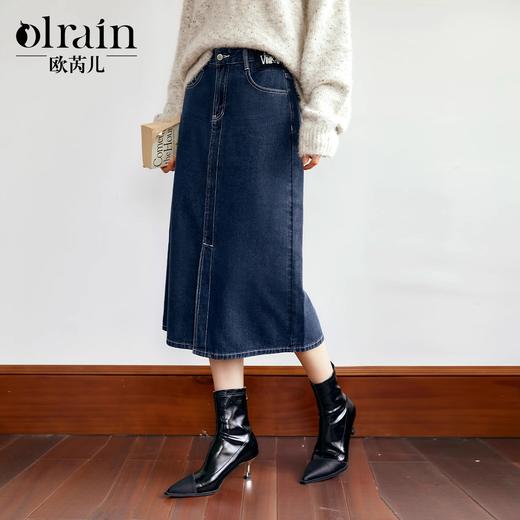 
OLrain欧芮儿牛仔半身裙女秋季复古高腰显瘦开衩中长裙子百搭半裙 商品图0