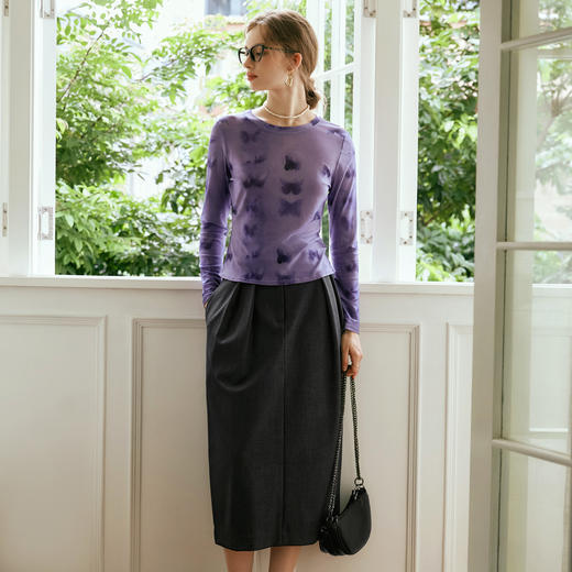 OLrain欧芮儿法式印花T恤女秋季设计感扎染网纱显瘦上衣打底衫 商品图2