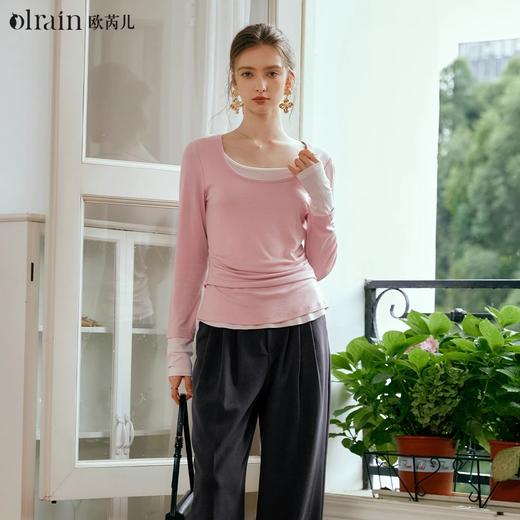 
欧芮儿法式撞色假两件长袖T恤女早秋2024新款修身粉色收腰打底衫 商品图0