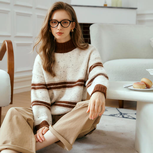 OLrain欧芮儿套头条纹毛衣女秋季2024年新款半高领复古慵懒风上衣 商品图1