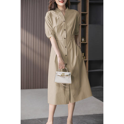 87437原形高级感V领连衣裙女2024春夏季新款韩版中长款高腰显瘦衬衫裙 商品图0