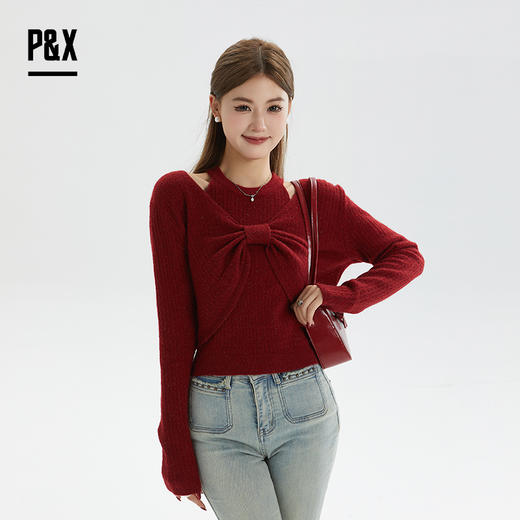 P&X设计师女装秋季甜美气质时尚毛衣两件套上衣 824315284 红色 商品图0