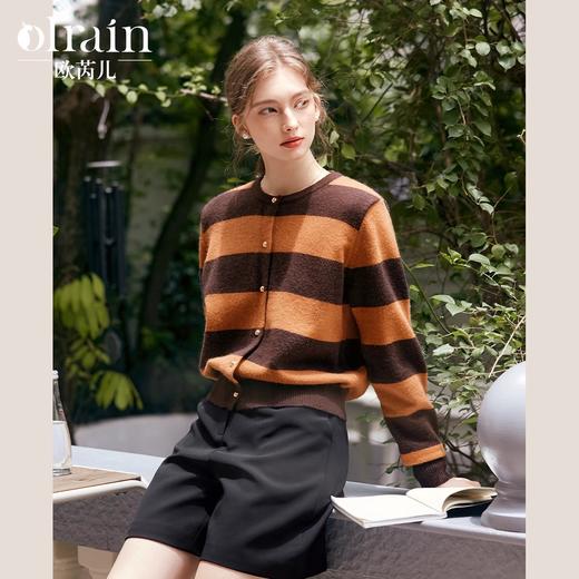 
OLrain欧芮儿圆领条纹针织衫女秋季法式复古通勤慵懒风开衫毛衣 商品图0