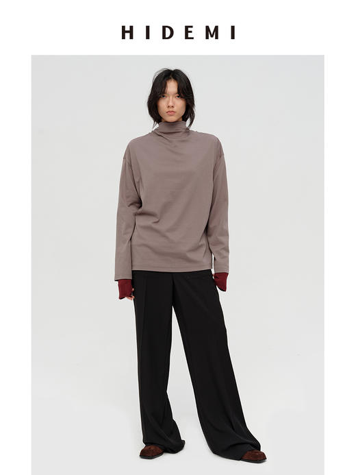 HIDEMI 极简设计感飘领多穿围巾式高密自然棉廓形长袖上衣T恤 白色/藏蓝色/炭灰色 商品图5