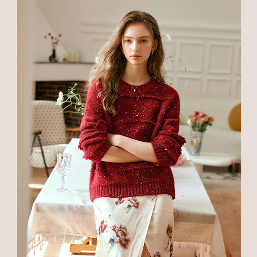 OLrain欧芮儿法式酒红色毛衣女秋季2024年新款复古宽松简约上衣 商品图3