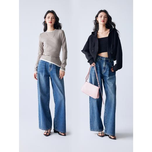 棉仓352619007-高腰阔腿全棉牛仔裤女立体褶裥剪裁 春秋复古单宁水洗拖地裤 商品图3