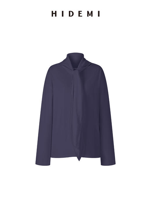 HIDEMI 极简设计感飘领多穿围巾式高密自然棉廓形长袖上衣T恤 白色/藏蓝色/炭灰色 商品图6