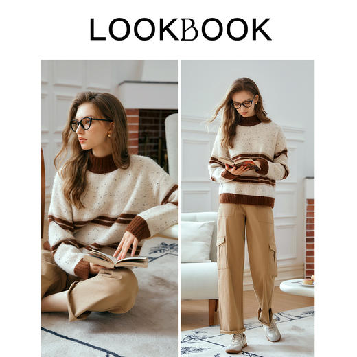 OLrain欧芮儿套头条纹毛衣女秋季2024年新款半高领复古慵懒风上衣 商品图4