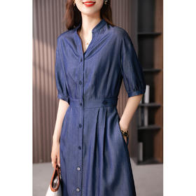 87437-1原形高级感V领连衣裙女2024春夏季新款韩版中长款高腰显瘦衬衫裙