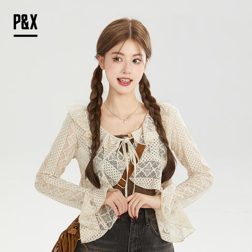 P&X设计师女装秋季蕾丝小衫修身两件套短款上衣 824315289 卡其 商品图0