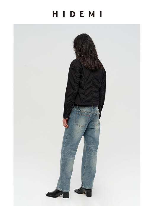 HIDEMI 极简设计感立裁抽皱式v领弧形长袖短款收腰显瘦衬衫 海鸥灰/黑色 商品图3