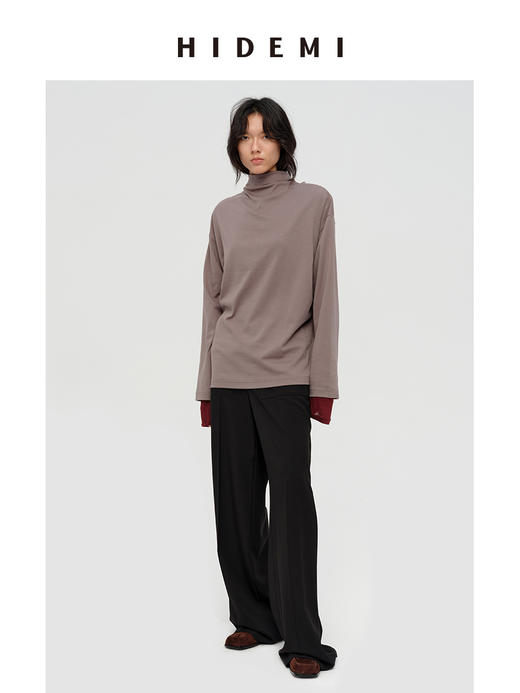 HIDEMI 极简设计感飘领多穿围巾式高密自然棉廓形长袖上衣T恤 白色/藏蓝色/炭灰色 商品图4