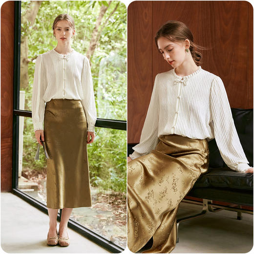 欧芮儿新中式米杏色蕾丝衫女早秋2024新款国风气质盘扣泡泡袖上衣 商品图1